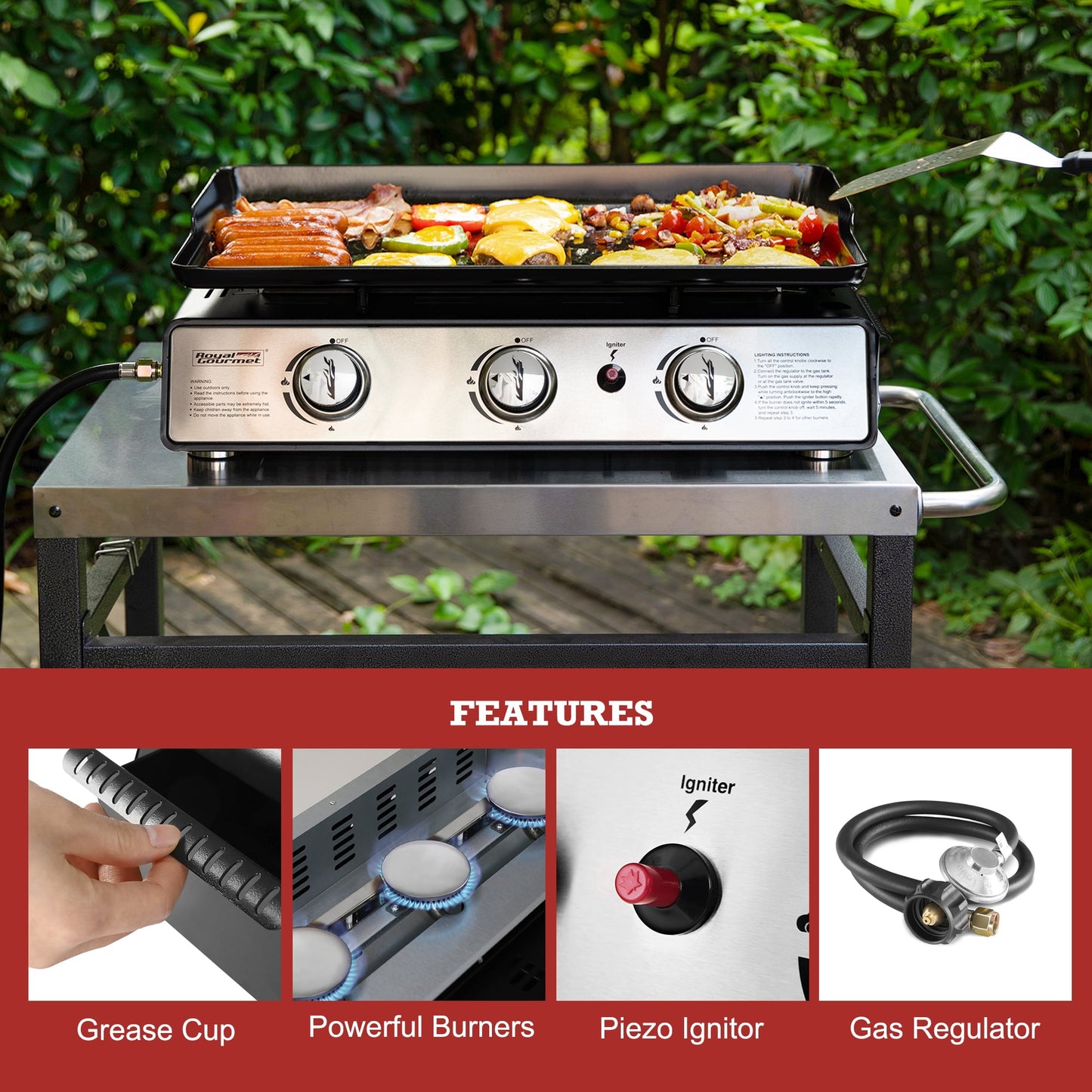 Royal Gourmet PD2301S 24" 3-Burner Portable Gas Griddle with Top Hard Cover