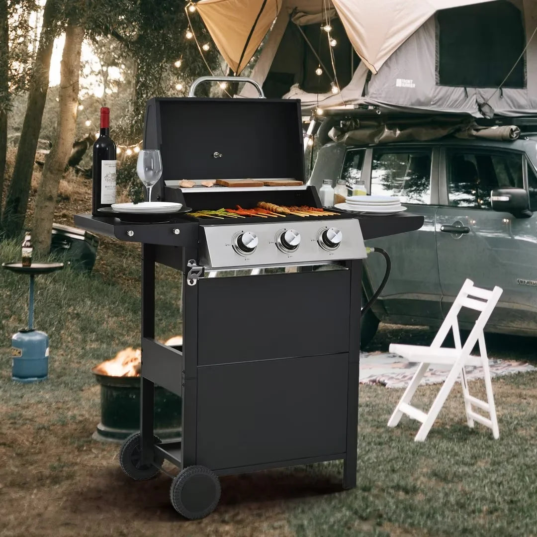 Leuco 3 Burner BBQ Propane Gas Grill, Stainless Steel 25,650 BTU Patio Garden Barbecue Grill with Two Shelves, Lid, Wheels and Bottle Opener