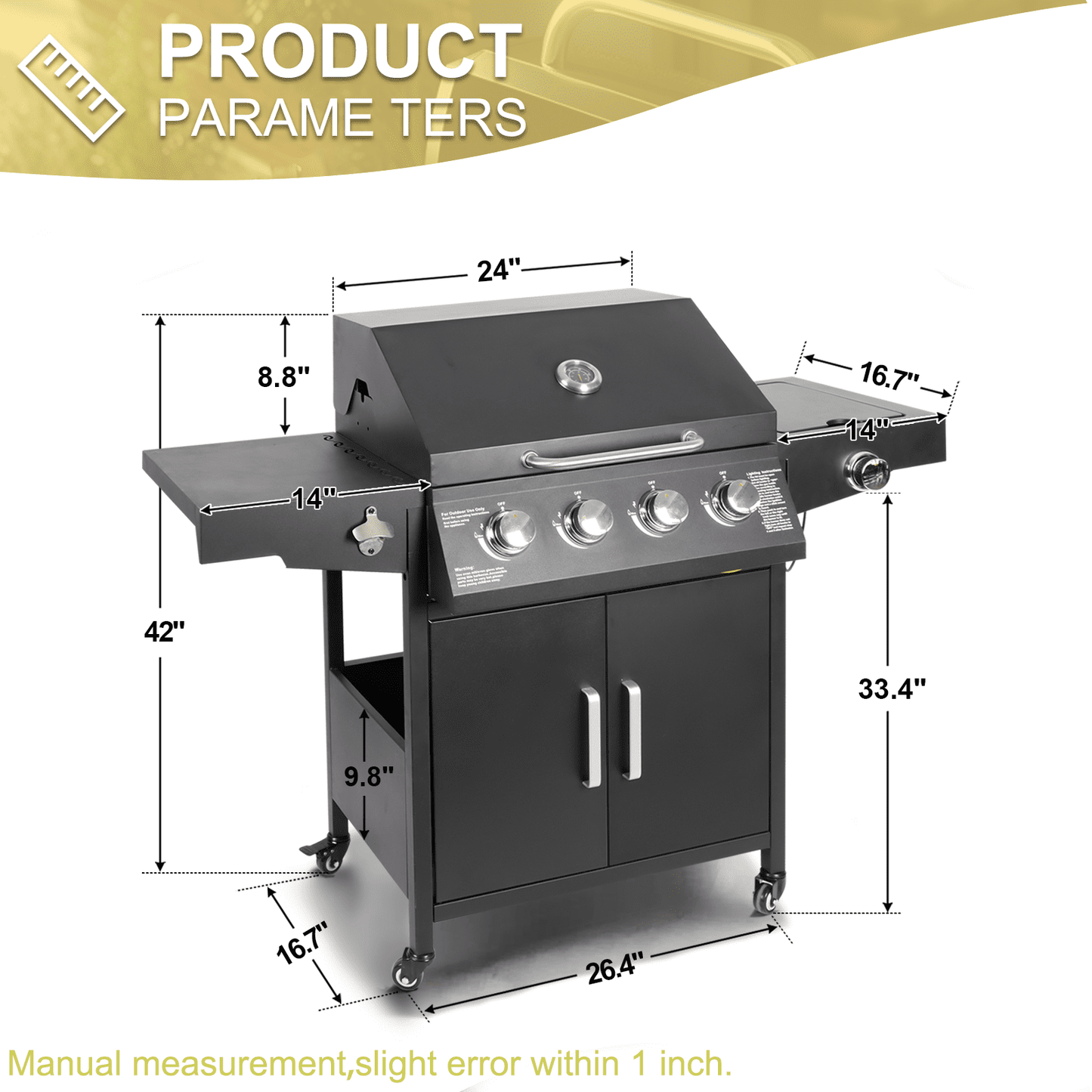 Betisef 4-Burner Propane Gas Grill with Side Burner and Side Table Outdoor Cooking Barbecue Grill Camping
