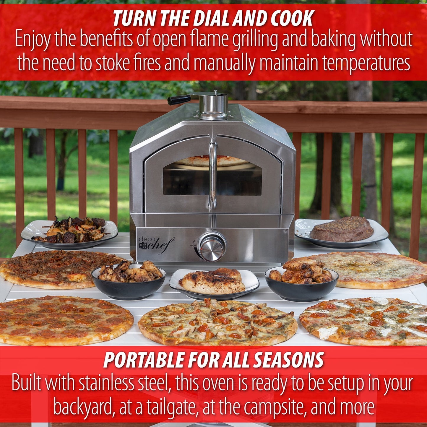 Deco Chef Portable Outdoor Pizza Oven and Grill with Propane Gas CSA Approved Regulator and Hose, Includes Pizza Peel, Stone, Easy Temperature Dial, Built-In Thermometer, and Grill Rack