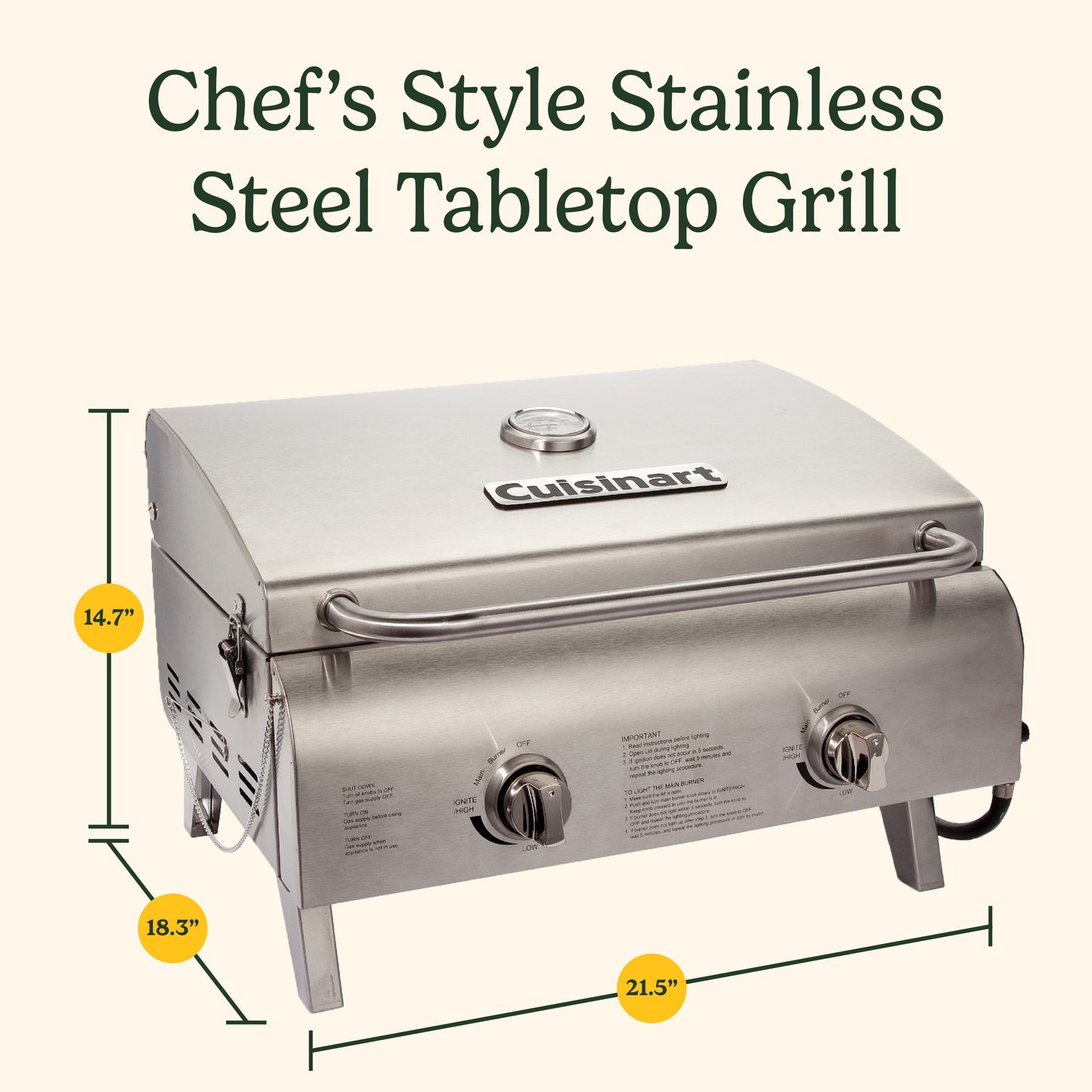 Cuisinart Chef's Style Tabletop Portable Propane Gas Grill, 20,000 BTU Stainless Steel 2-Burner Outdoor BBQ Grill