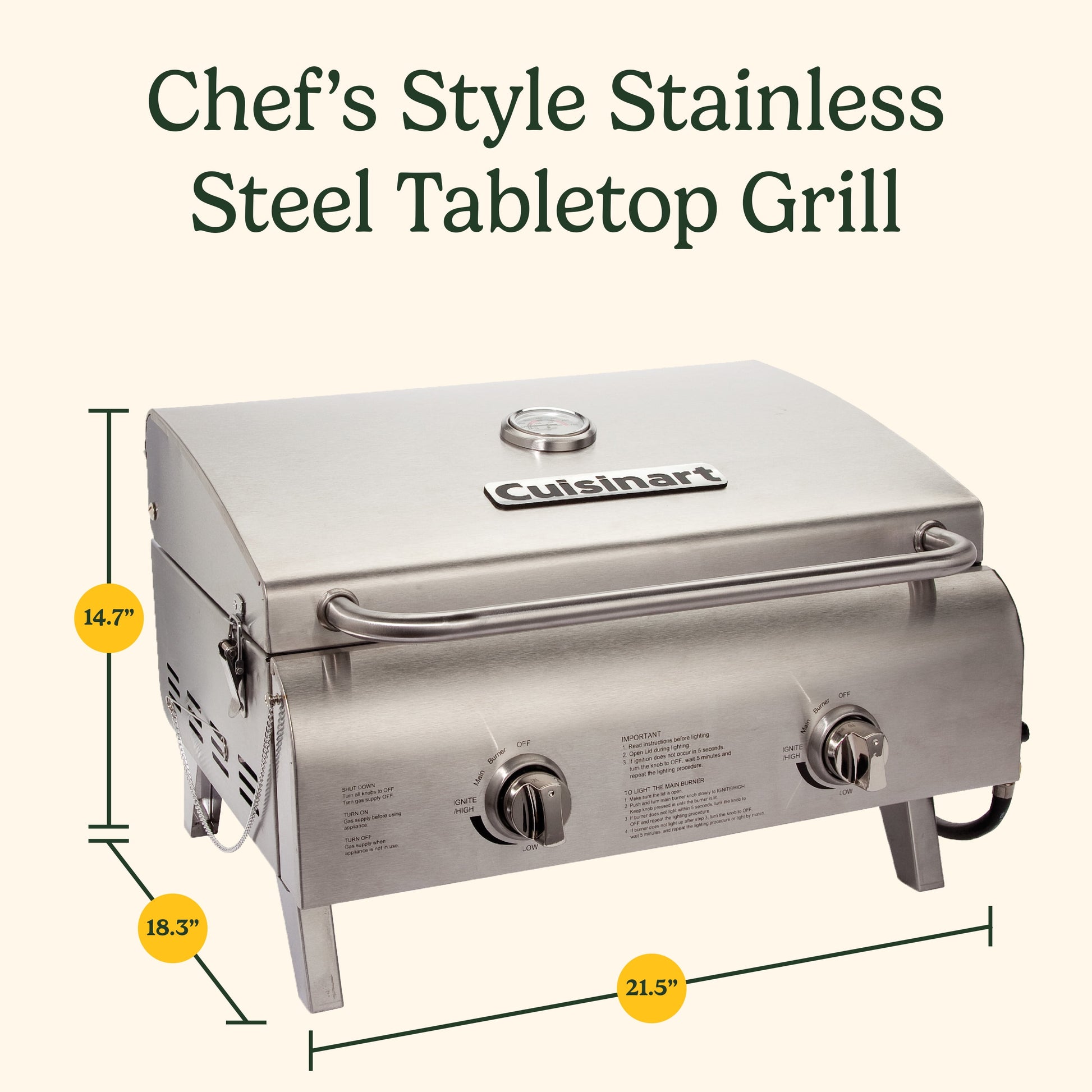 Cuisinart Chef's Style Tabletop Portable Propane Gas Grill, 20,000 BTU Stainless Steel 2-Burner Outdoor BBQ Grill