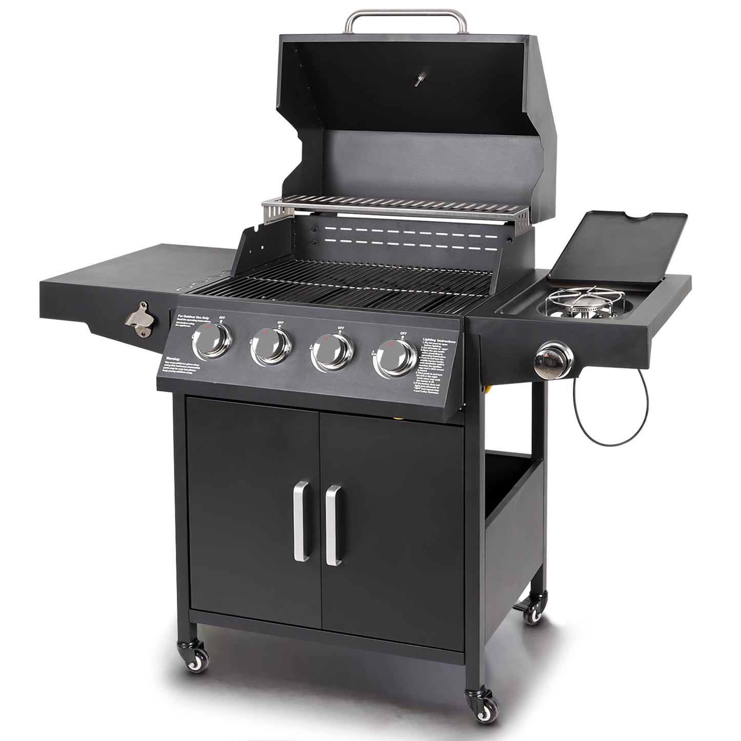Polar Aurora Propane Gas Grill 4-Burners a Side Burner, Side Table, Steel Grill Cart for Garden Outdoor Cooking Picnic