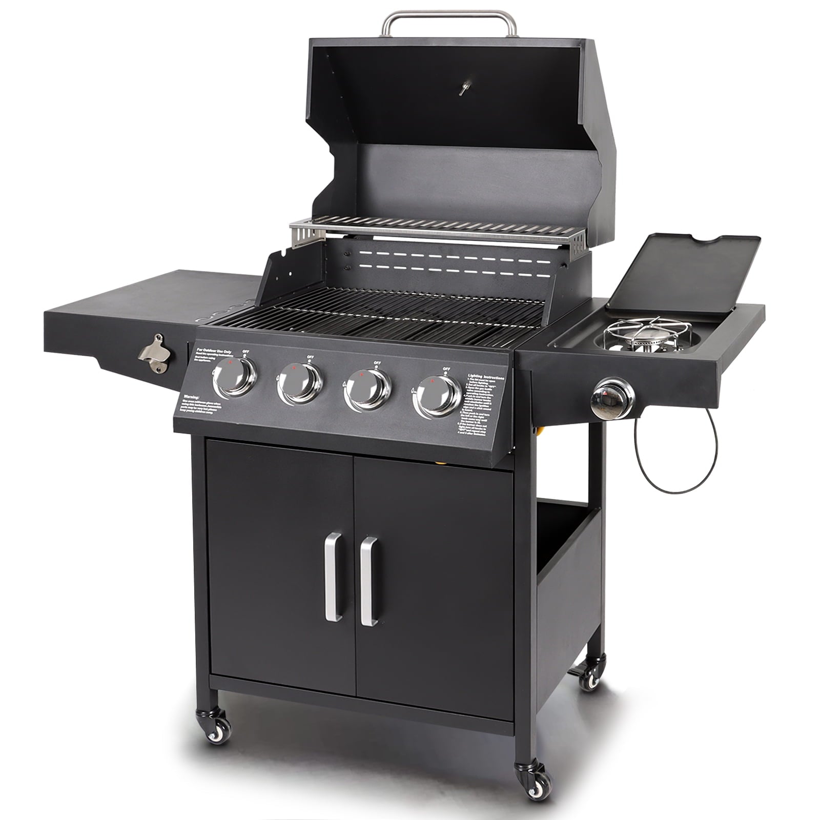 Polar Aurora Propane Gas Grill 4-Burners a Side Burner, Side Table, Steel Grill Cart for Garden Outdoor Cooking Picnic